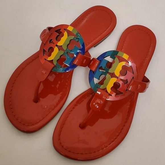 EC Tory Burch Miller Rainbow Stripe Sandals Size 7.5M - Picture 1 of 15